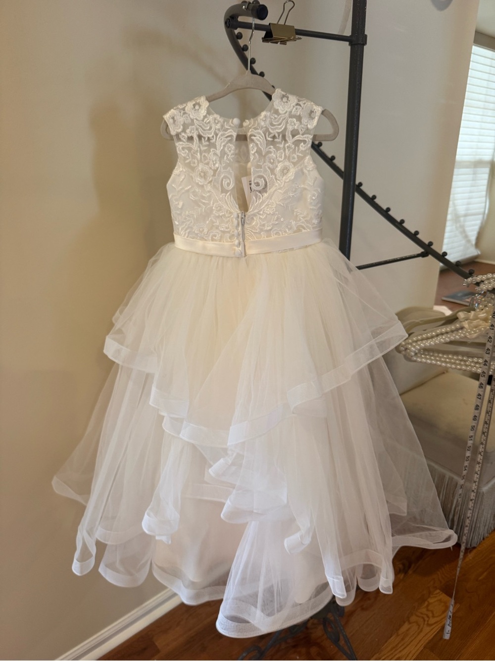 Joan Calabrese Ivory Lace Bodice Tulle Tiered Flower Girl Dress